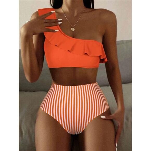 Women's Ruffle One Shoulder Sleeveless Bikini Set - Picture 1 of 4